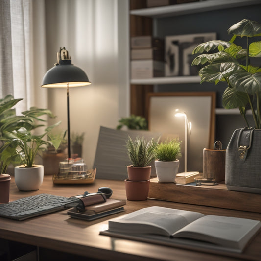 An organized desk with a wooden paper tray, a color-coded file organizer, and a few neatly stacked files, surrounded by a few potted plants and a small, modern desk lamp.