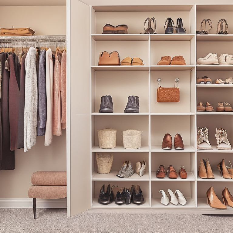 A neatly organized walk-in closet with shelves, cubbies, and hanging rods, featuring a diverse array of stylish shoes, from sleek stilettos to rugged boots, in a warm, neutral-toned background.
