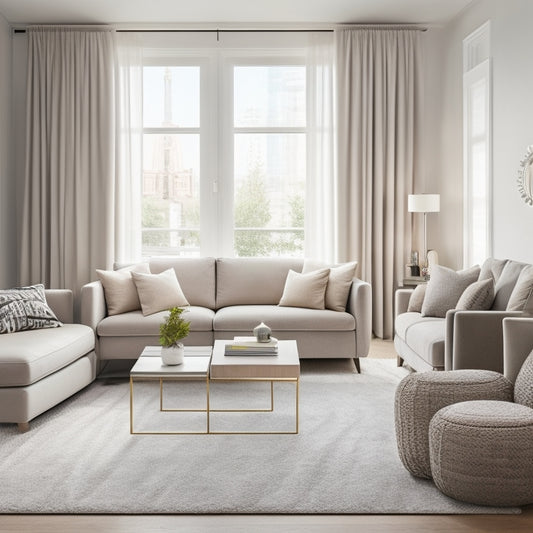 A bright, airy apartment interior with a plush sectional sofa in a light gray hue, surrounded by floor-to-ceiling curtains, a minimalist coffee table, and a geometric-patterned area rug.