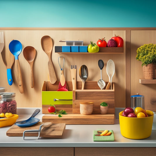 A tidy kitchen countertop with a utensil organizer in the shape of a wooden tree, holding a variety of colorful kitchen tools, next to a matching drawer divider filled with neatly aligned utensils.