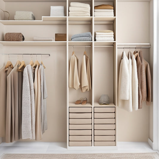 A serene, minimalist closet with cream-colored walls, sleek wooden shelves, and a neutral-toned rug, featuring a color-coded clothing rack, stackable storage bins, and a few strategically placed hooks.