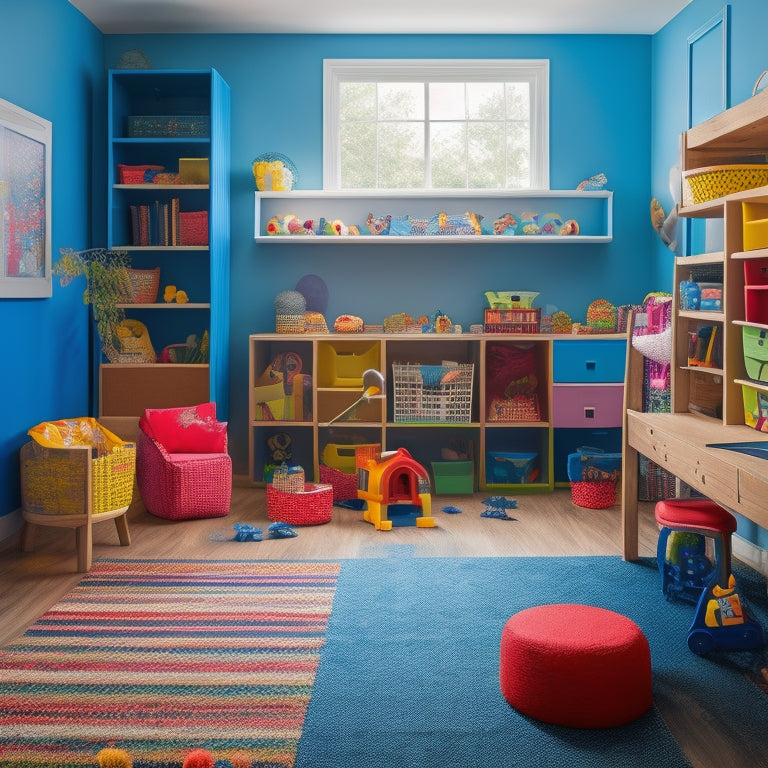 A colorful, well-lit playroom with a repurposed IKEA Kallax shelving unit transformed into a storage-packed play area with bins, baskets, and toys, surrounded by a rug and a few kid-sized chairs.