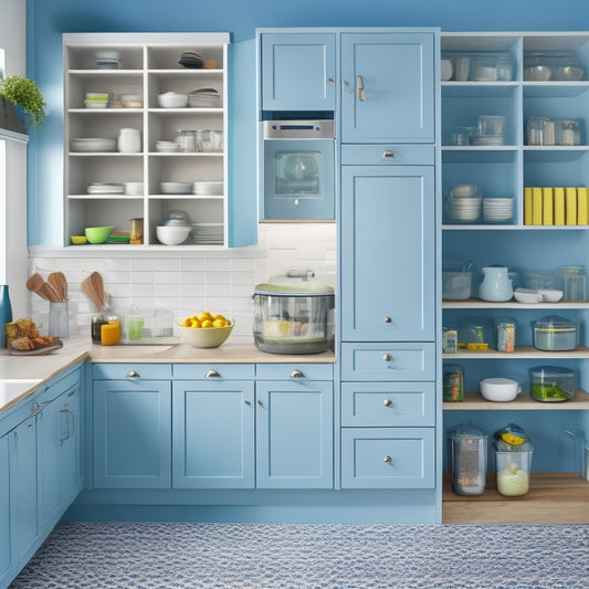 A bright, modern kitchen with a corner featuring a carousel cabinet, a pull-out pantry, and a diagonal drawer, showcasing various storage containers and kitchen utensils organized neatly.