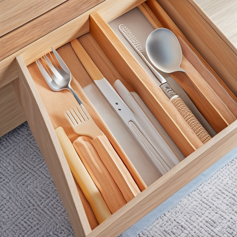 A tidy drawer interior with soft-close glides, containing neatly stacked wooden drawer dividers, woven baskets, and a vertical utensil organizer, surrounded by a calming white and light wood tone background.