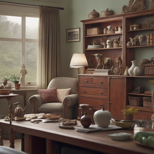 A serene, organized living room with a few, carefully selected sentimental items on a shelf, a tidy bookcase, and a calm, elderly person in the background, surrounded by subtle hints of nature.