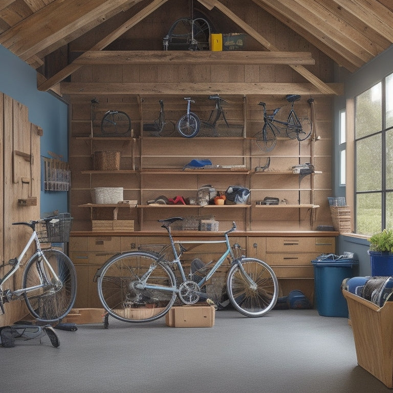 A clutter-free garage with slanted roof, featuring three-tiered wooden shelves with metal brackets, holding various storage bins, toolboxes, and a few bicycles, with a workbench in the background.