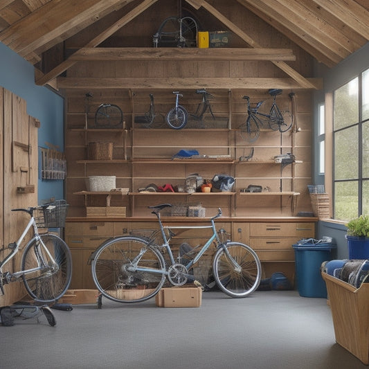 A clutter-free garage with slanted roof, featuring three-tiered wooden shelves with metal brackets, holding various storage bins, toolboxes, and a few bicycles, with a workbench in the background.