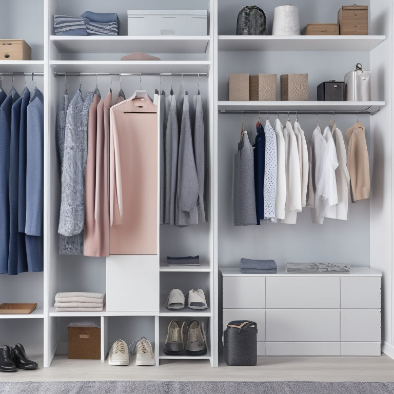 A minimalist, modern closet with sleek shelves, a clothes rack, and storage bins, featuring a smartphone on a shelf displaying a virtual closet organization app, surrounded by tidy, color-coordinated clothing.