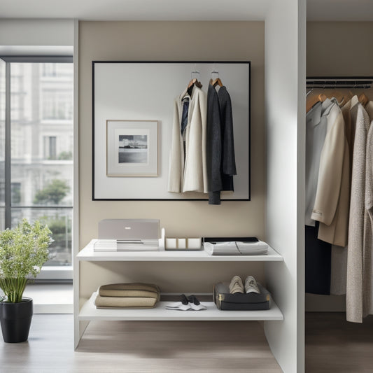 A minimalist, modern closet interior with a 3D closet planner displayed on a tablet, surrounded by neatly organized clothes, shoes, and accessories, with a cityscape or botanical garden blurred in the background.