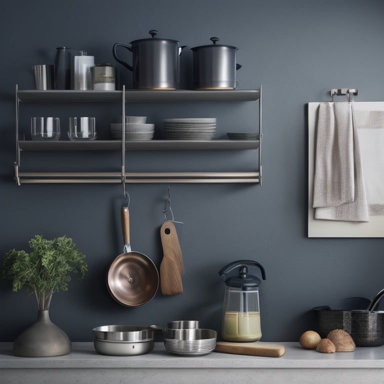 Image prompt: A tidy kitchen corner with a rotating carousel of utensils, a tiered shelf for cookbooks, and a sleek, wall-mounted rack for pots and pans, all in a modern, minimalist aesthetic.