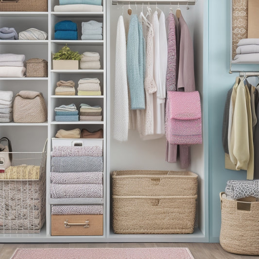 A bright, organized closet with a mix of repurposed crates, woven baskets, and hanging organizers in a calming color palette, surrounded by neatly folded clothes and a few statement accessories.