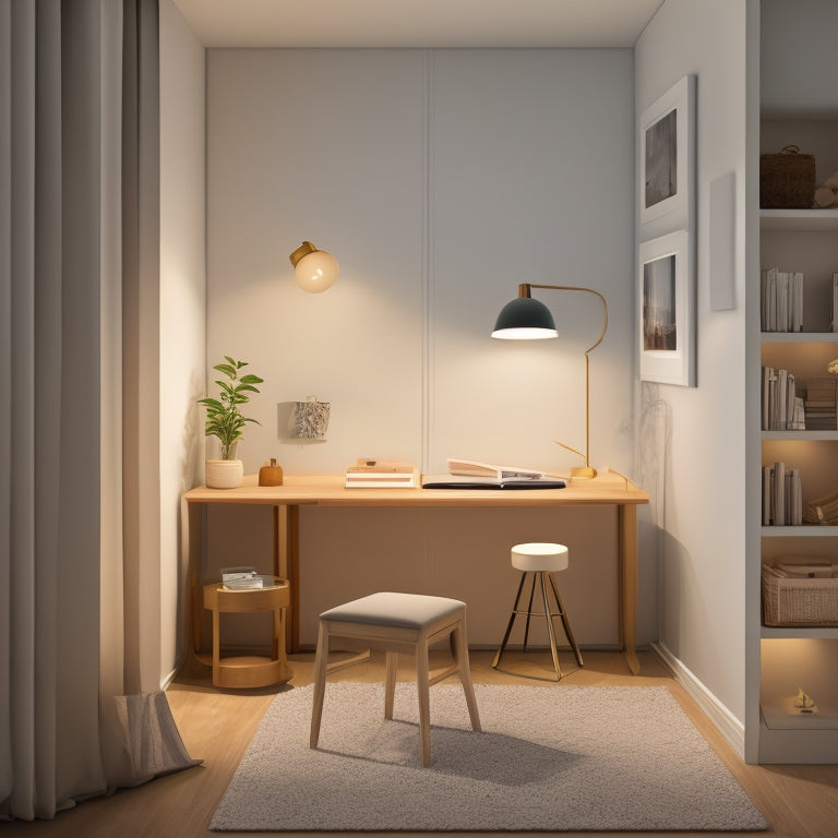 An illustration of a long, narrow room with varying layouts: a minimalist section with a floating desk, a cozy reading nook with a floor lamp, and a functional area with a storage ottoman.