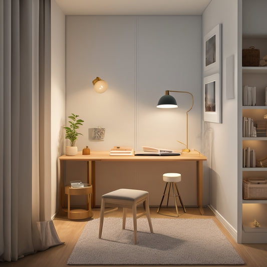 An illustration of a long, narrow room with varying layouts: a minimalist section with a floating desk, a cozy reading nook with a floor lamp, and a functional area with a storage ottoman.