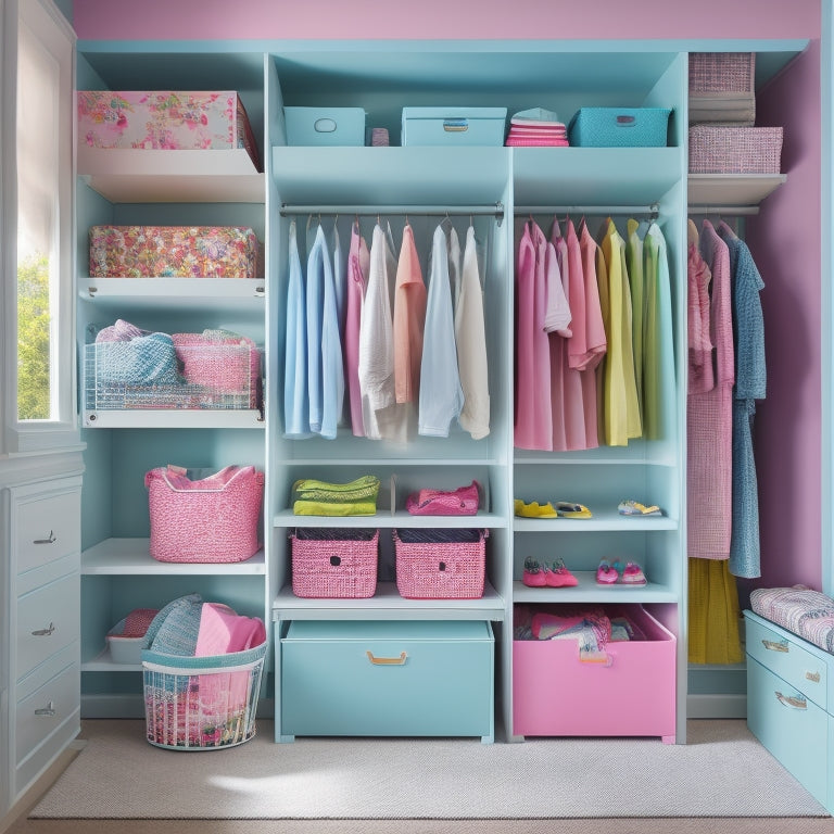 A brightly lit, tidy kid's closet with pastel-colored walls, featuring a mix of shelves, bins, and hanging rods, showcasing various DIY organizers like cubbies, baskets, and a clothes sorter.