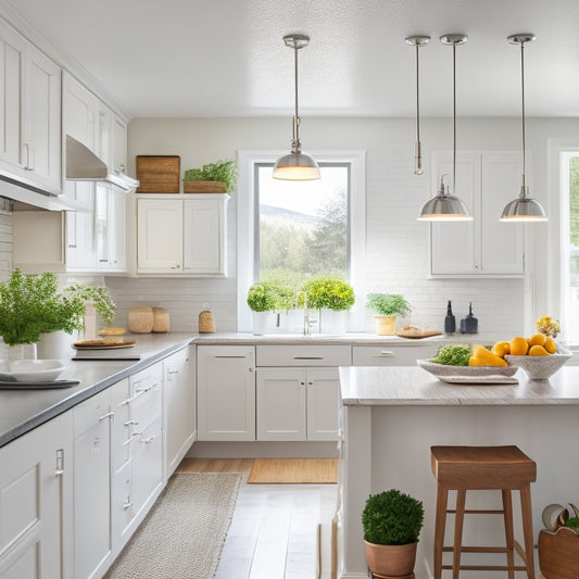 A bright, airy kitchen with crisp white cabinets, warm wood countertops, and stainless steel appliances, featuring a statement light fixture and a few carefully placed decorative vases.