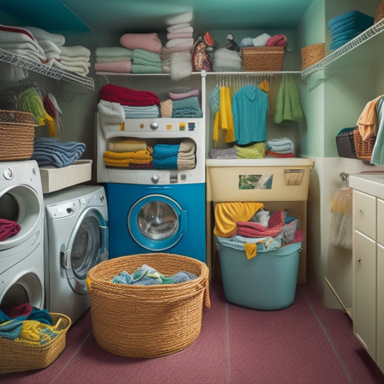 A cluttered laundry room with dirty clothes spilling out of overflowing baskets, tangled cords snaking around appliances, and dusty shelves stacked haphazardly with mismatched containers and forgotten cleaning supplies.