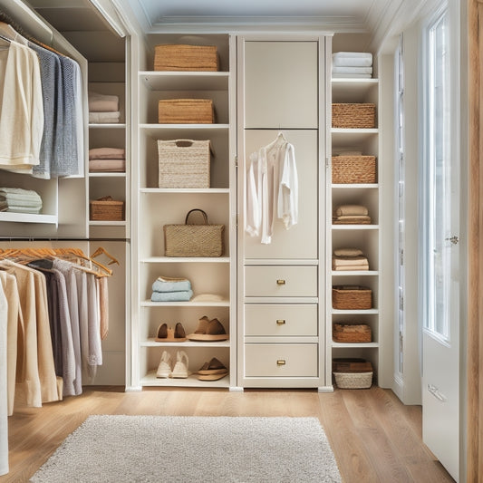 A serene, well-lit closet interior with floor-to-ceiling shelves, baskets, and drawers in a calming white and wood tone color scheme, showcasing a perfectly organized and clutter-free space.