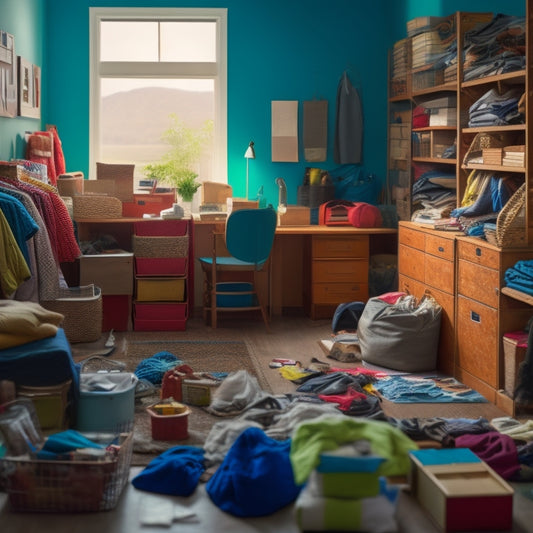 A messy room in the background with cluttered shelves, scattered papers, and a few clothes strewn about, transitioning into a tidy space with organized furniture, labeled storage bins, and a few well-placed decorative items.