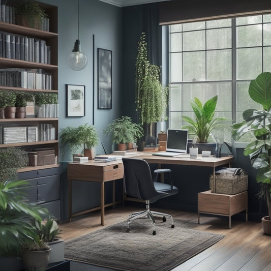 A tidy, well-lit desk with a sleek laptop, ergonomic chair, and a few, strategically-placed plants, surrounded by floor-to-ceiling shelving units filled with neatly-organized files and office supplies.