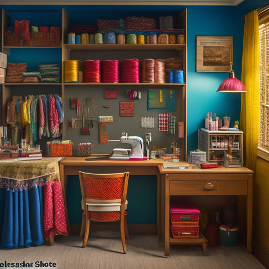 A tidy, well-lit sewing room with a wooden desk, matching storage cabinets, and a pegboard adorned with colorful threads, scissors, and pins, surrounded by a few neatly folded fabric bundles.