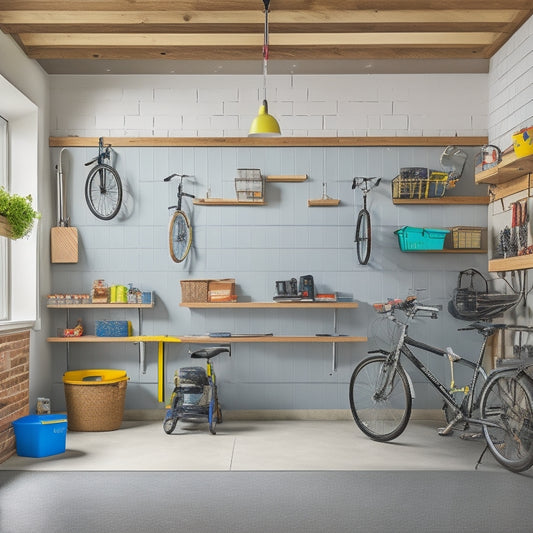 A clutter-free small garage with a slatwall, bins, and hooks organized by category, bicycles suspended from the ceiling, and a workbench with tools and a small trash can.