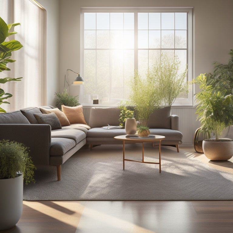 A serene living room with a minimalist sectional sofa, natural fiber rug, and a few potted plants, illuminated by soft, warm sunlight streaming through a floor-to-ceiling window.