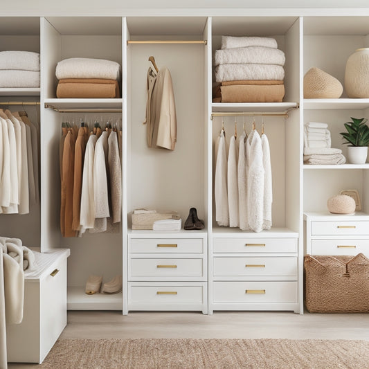 A serene, minimalist closet with creamy white walls, a plush area rug, and a mix of open shelving and closed drawers in a warm wood tone, filled with neatly organized clothing and accessories.