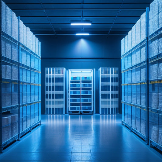 A futuristic, sleek, and minimalist warehouse interior with rows of towering shelves, illuminated by soft blue LED lights, holding variously sized, transparent, and colorful storage bins and cubes.