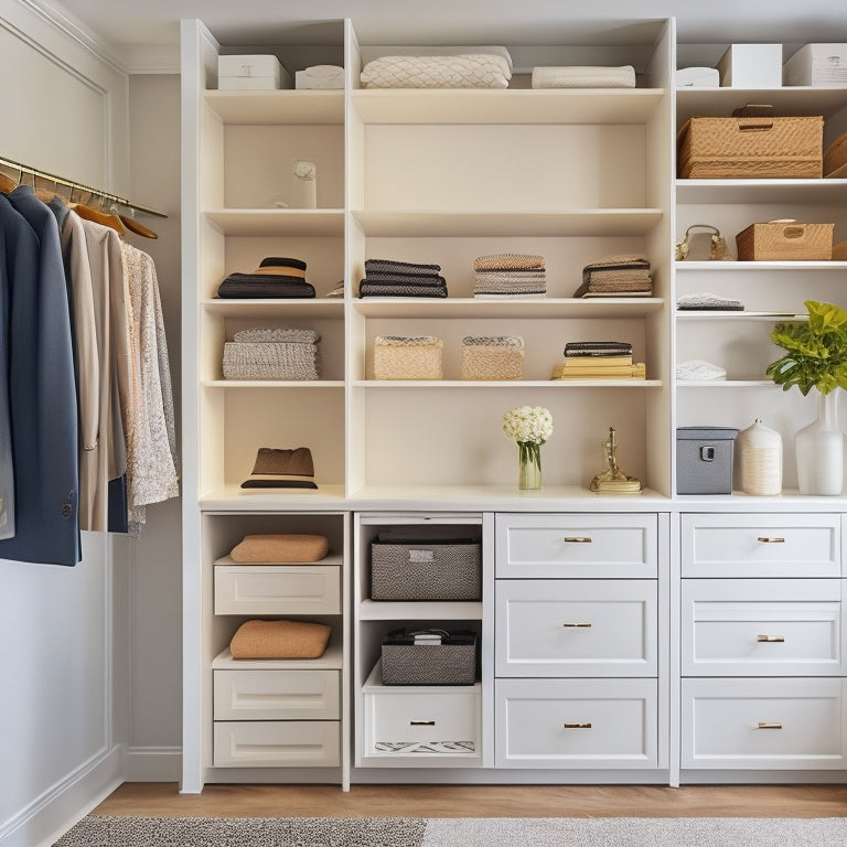 A tidy, modern closet interior with sleek, white shelves and drawers, featuring a variety of mounted slide options: soft-close drawers, pull-down rods, and adjustable shelves with ornate metal hardware.