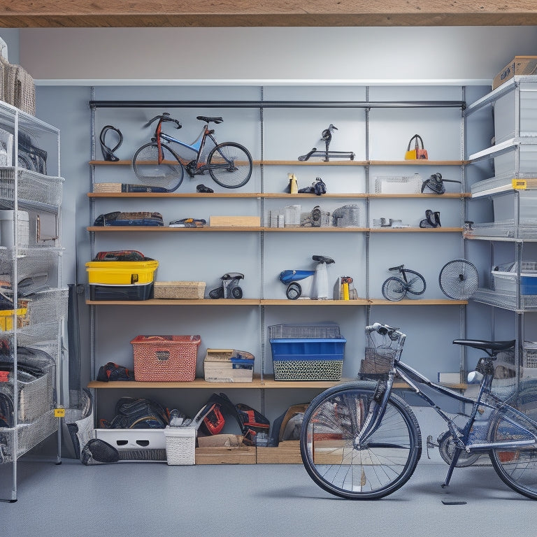 A cluttered garage with bicycles, tools, and storage bins scattered around, contrasted with a tidy section featuring sleek, silver shelving units with labeled bins and organized storage, against a light gray background.