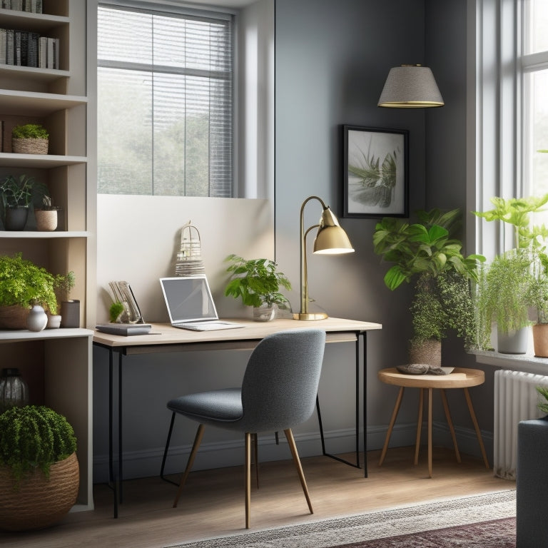 A clutter-free, well-lit desk with a built-in shelf, surrounded by a cozy reading nook, featuring a plush rug, a floor lamp, and a few strategically placed plants, against a calming, light-gray background.