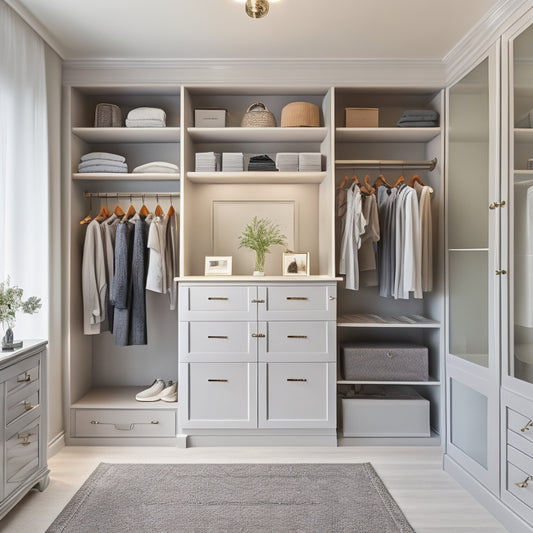 A serene, well-lit walk-in closet with bespoke shelves, drawers, and rods in a soothing gray and white color scheme, surrounded by stylish, minimalist decor and a few chic outfits.