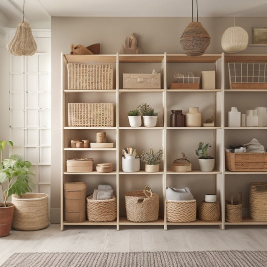 A tidy, minimalist room with a wall-mounted shelving unit, wooden crates, and woven baskets, showcasing organized storage solutions amidst a serene, clutter-free background with plenty of natural light.