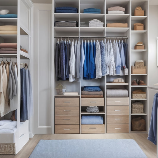 A serene, well-lit closet interior with a mix of open shelving, drawers, and rods, featuring neatly folded clothes, organized accessories, and clever storage solutions like shoe cubbies and hanging organizers.