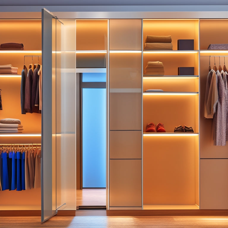 A modern, sleek closet interior with sliding glass doors, backlit shelves, and a rotating shoe rack, surrounded by minimalist walls and a warm, soft-glowing LED light strip along the floor.