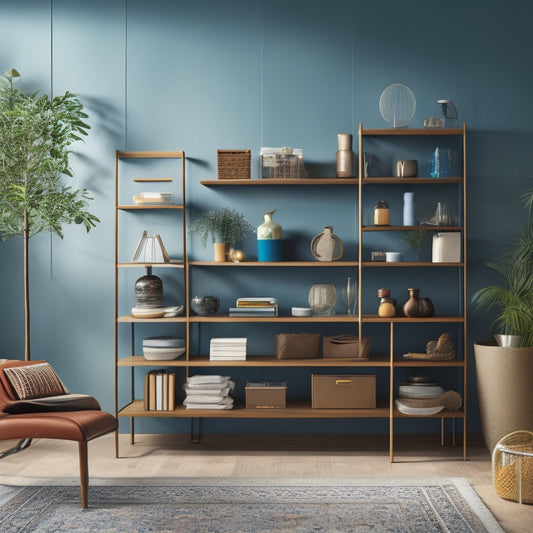 A stylized illustration of a modern living room with a sleek, multi-tiered storage cart against a wall, holding various neatly organized household items, surrounded by a few tastefully arranged decorative pieces.