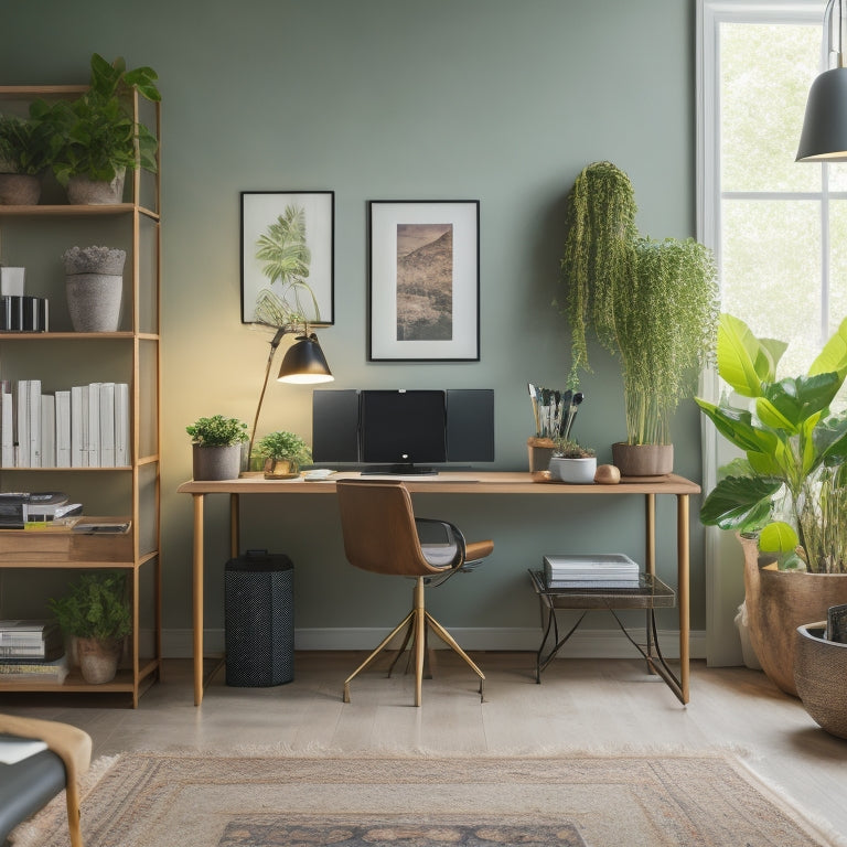 A serene, well-lit home office with a sleek, minimalist desk, a comfortable ergonomic chair, and a floor-to-ceiling shelving unit filled with organized files and lush green plants.