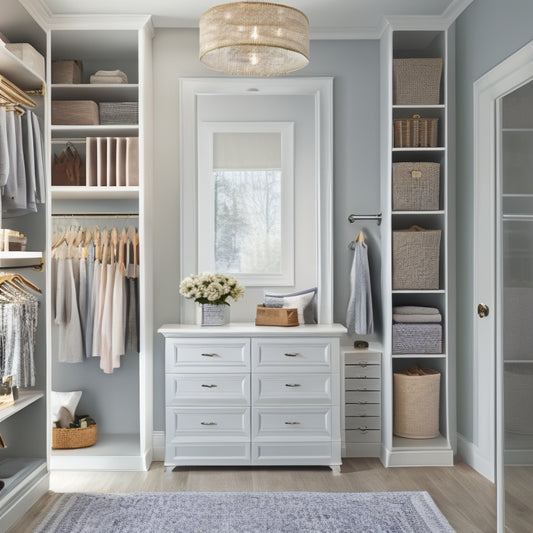 A serene, well-lit walk-in closet with custom shelves, drawers, and rods, featuring a mix of folded and hanging clothes, shoes, and accessories, with a few decorative elements like a vase and a few framed photos.