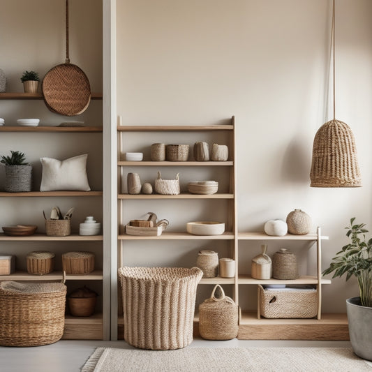 A serene, minimalist interior with woven baskets, wooden crates, and macrame shelves, showcasing a clutter-free space with neatly organized household items and soft, warm lighting.