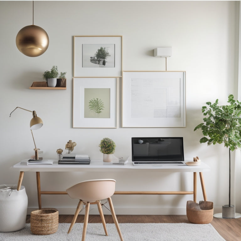 A serene, minimalist living room with a laptop on a tidy desk, surrounded by a few, carefully arranged decluttering and organizing tools, set against a calming, creamy-white background.