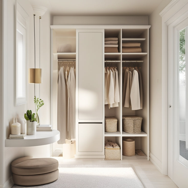 A serene, minimalist closet with creamy white walls, a single, floor-to-ceiling shelving unit, and a compact, velvet-covered ottoman, illuminated by soft, warm natural light pouring through a small window.