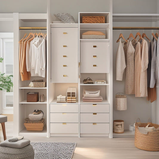 A serene, organized closet interior with sleek, white IKEA Pax units, soft, warm lighting, and a few stylish outfits hung on wooden hangers, surrounded by minimalist decorative accents.