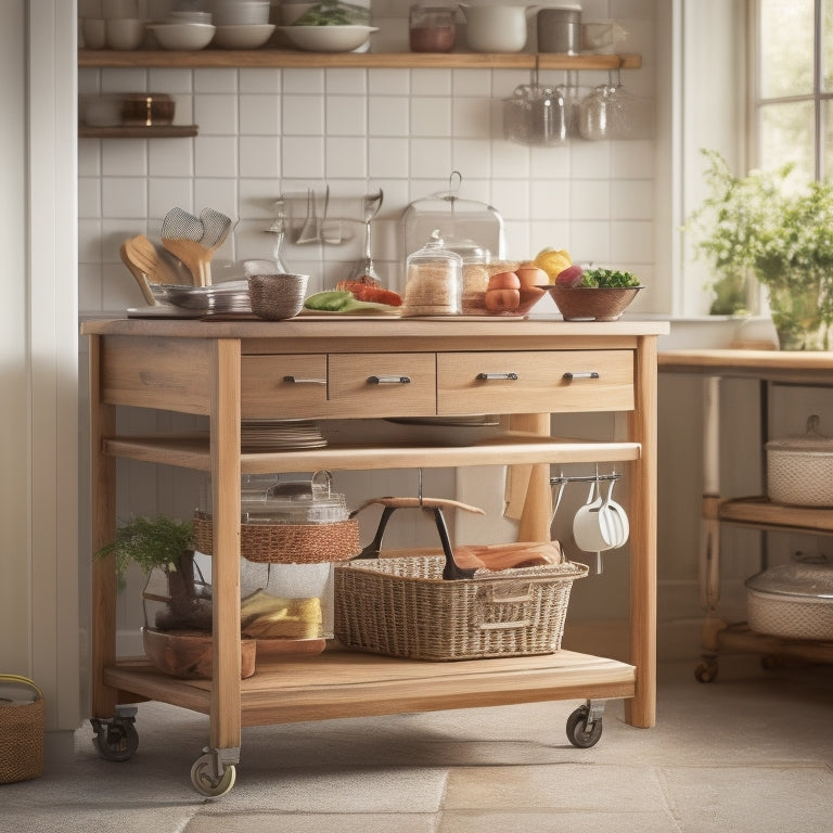 A small kitchen with a DIY cart, featuring a wooden top, metal frame, and three drawers, surrounded by utensils, cookbooks, and ingredients, with a warm, natural lighting effect.