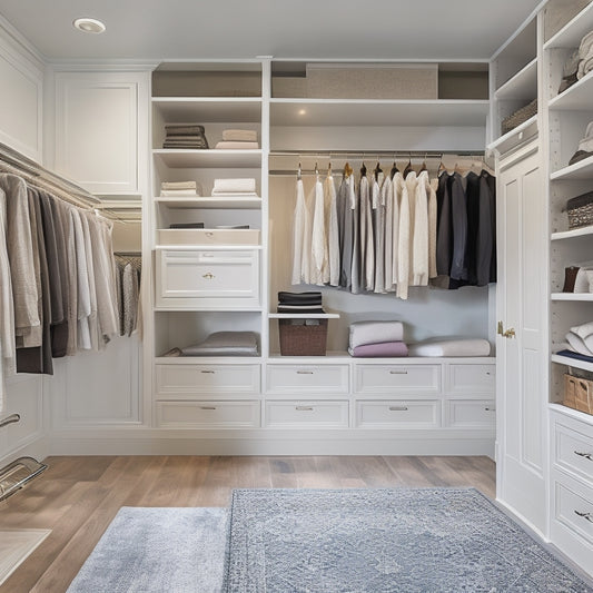 A serene, walk-in closet with creamy white walls, dark wood flooring, and a custom organizer system featuring soft-close drawers, adjustable shelves, and a built-in bench with a velvet cushion.