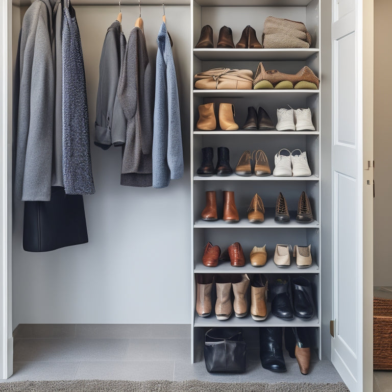 A minimalist closet with a few winter coats and boots stored in compact, stackable bins and hung on slim, wall-mounted hooks, surrounded by empty shelves and a tidy floor.