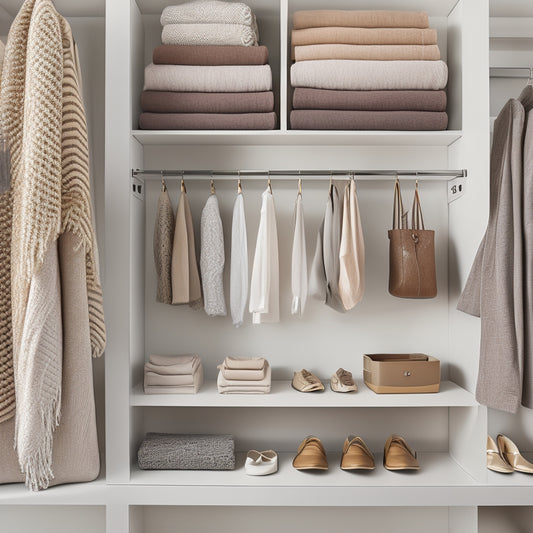 A serene, minimalist closet interior with a neutral backdrop, featuring a mix of storage bins, hanging organizers, and shelves showcasing neatly arranged accessories like scarves, hats, belts, and jewelry.