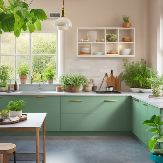 A bright, modern kitchen with a minimalist aesthetic, featuring a central island with a built-in sink, a utensil organizer on the wall, and a small herb garden on the countertop.