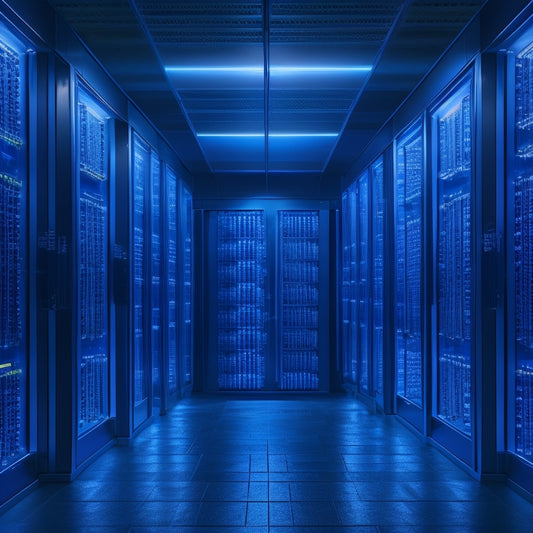 A futuristic, dimly-lit storage room with rows of sleek, metallic shelves, filled with stacks of hard drives and servers, illuminated by soft, blue LED lights and glowing circuit boards.
