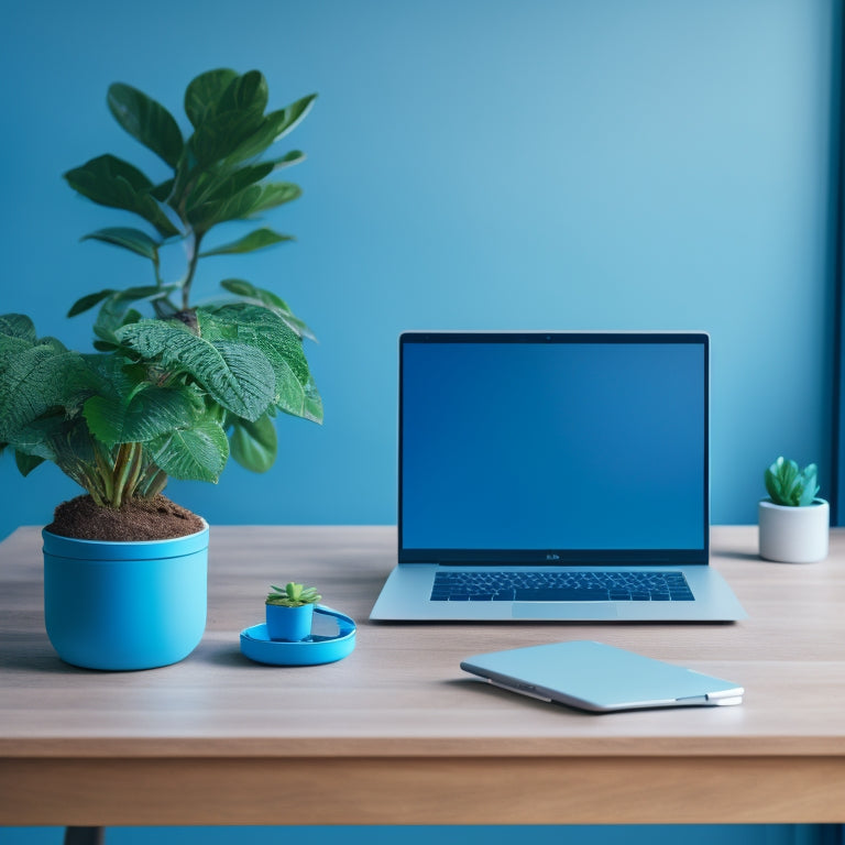 A minimalist desk with a sleek laptop, a small potted plant, and a few carefully arranged digital devices, surrounded by a subtle background with a calming blue tone, conveying organization and serenity.