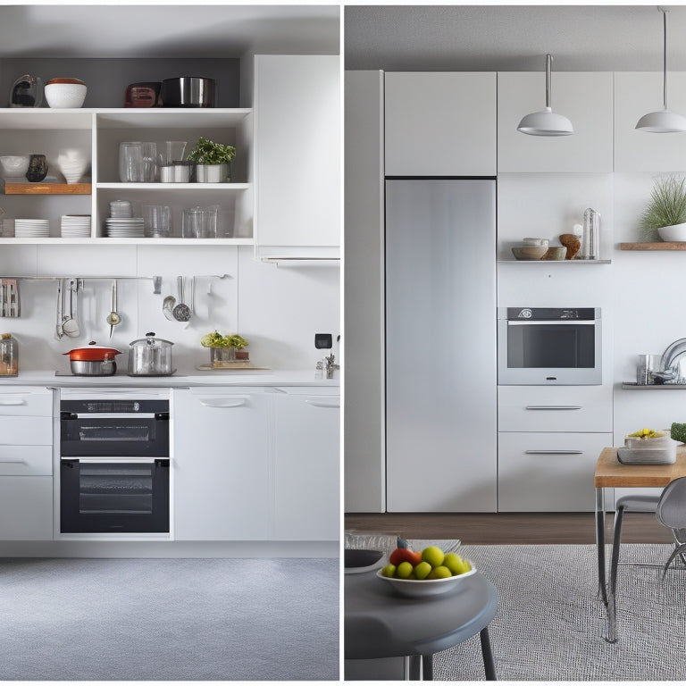 A modern kitchen with sleek, handleless cabinets, a wall-mounted appliance lift, and a slide-out utensil organizer, showcasing a clutter-free space with a few strategically placed kitchen gadgets.